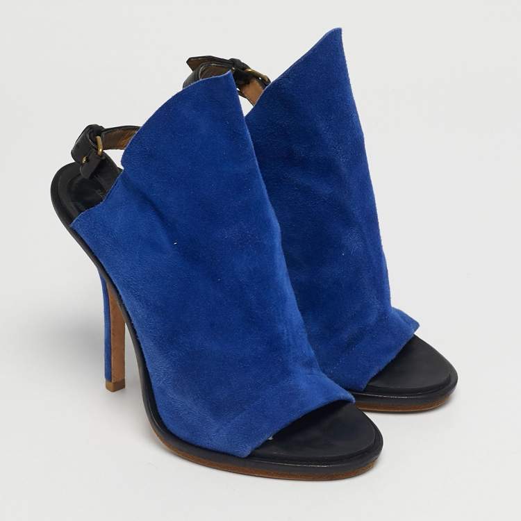 Pre Owned Balenciaga Blue Suede And Black Leather Glove Open Toe Slingback Sandals Size 35