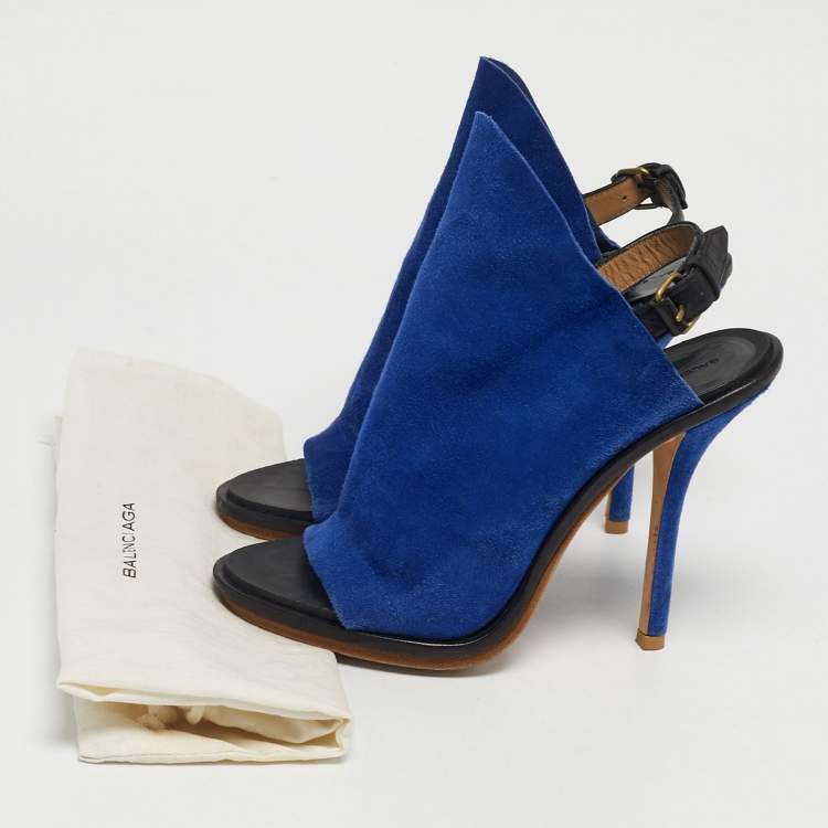 Pre Owned Balenciaga Blue Suede And Black Leather Glove Open Toe Slingback Sandals Size 35