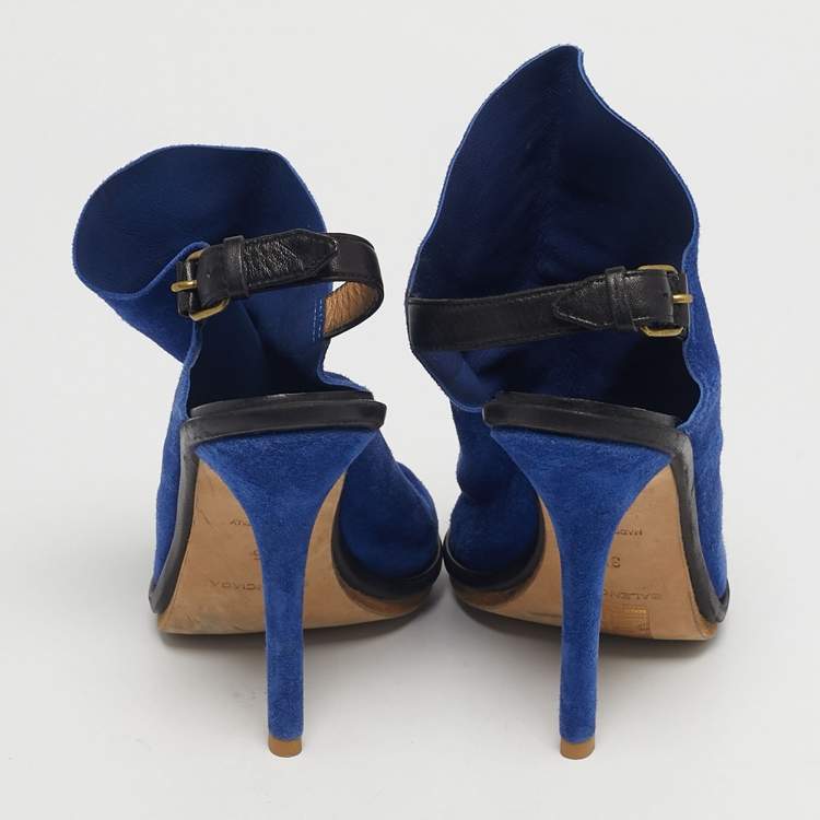 Pre Owned Balenciaga Blue Suede And Black Leather Glove Open Toe Slingback Sandals Size 35