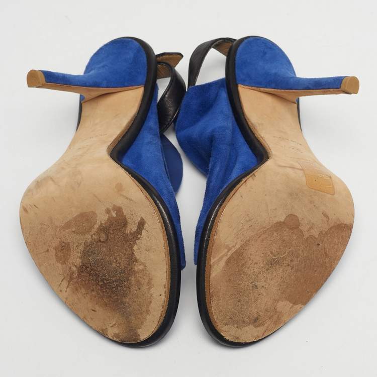 Pre Owned Balenciaga Blue Suede And Black Leather Glove Open Toe Slingback Sandals Size 35
