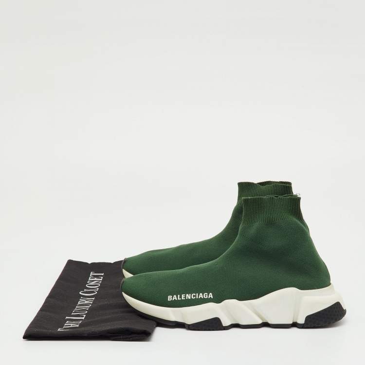 Pre Owned Balenciaga Green Knit Fabric Speed Trainer Slip On High Sneakers Size 36