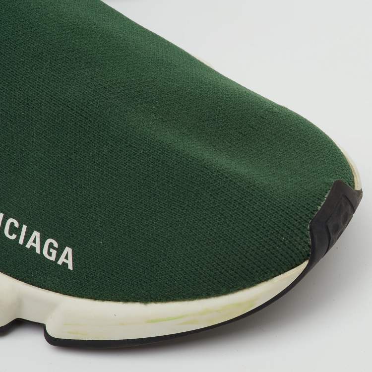 Pre Owned Balenciaga Green Knit Fabric Speed Trainer Slip On High Sneakers Size 36