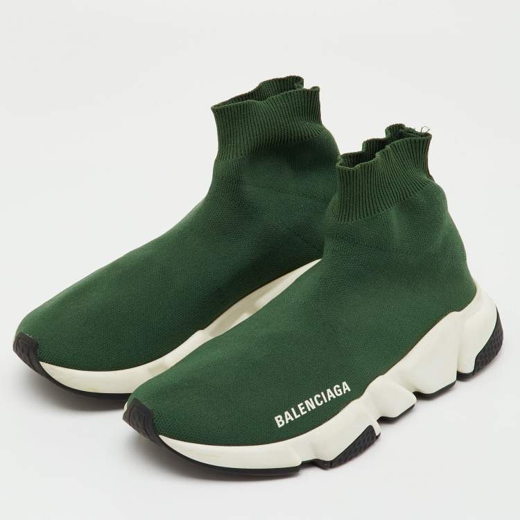 Pre Owned Balenciaga Green Knit Fabric Speed Trainer Slip On High Sneakers Size 36