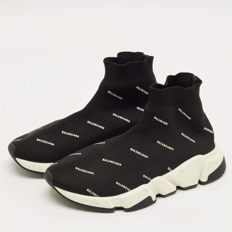 Pre Owned Balenciaga Black/White Knit Fabric Allover Logo Speed Trainer Sneakers Size 37