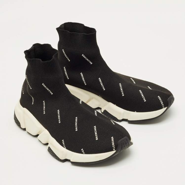 Pre Owned Balenciaga Black/White Knit Fabric Allover Logo Speed Trainer Sneakers Size 37