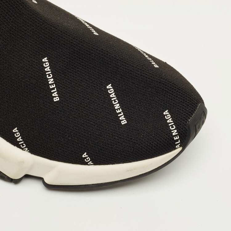 Pre Owned Balenciaga Black/White Knit Fabric Allover Logo Speed Trainer Sneakers Size 37