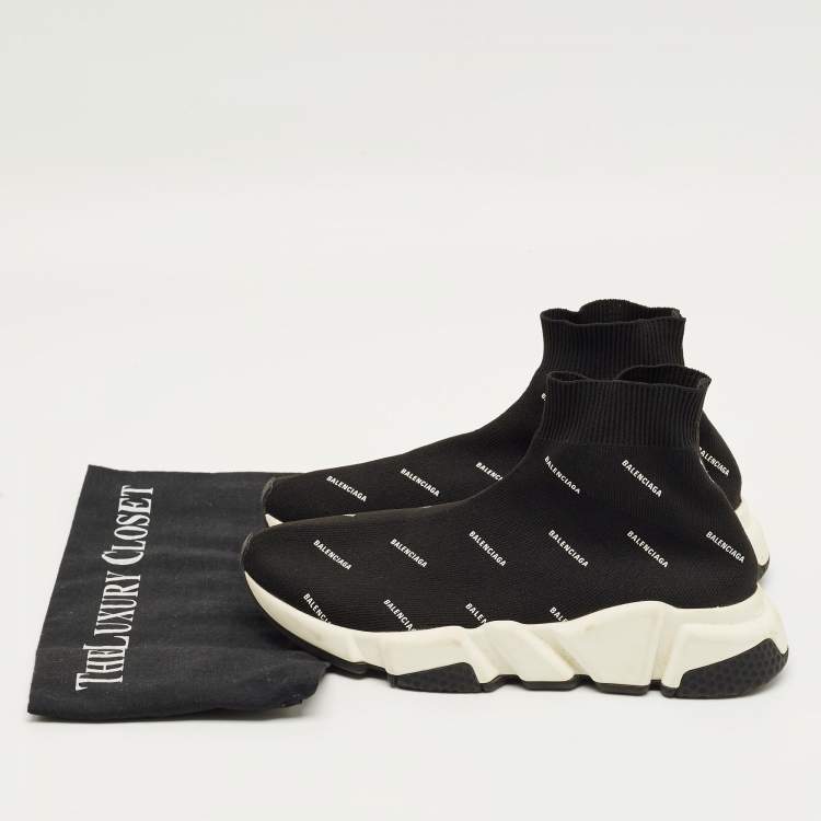 Pre Owned Balenciaga Black/White Knit Fabric Allover Logo Speed Trainer Sneakers Size 37