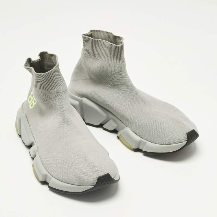 Pre Owned Balenciaga Grey Knit Fabric Speed Trainer High Top Sneakers Size 37