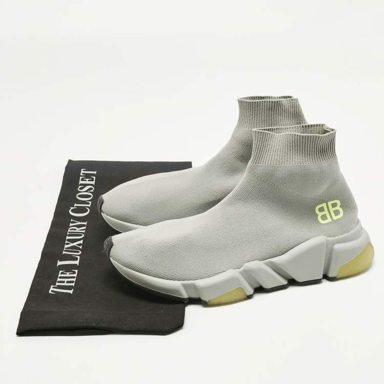 Pre Owned Balenciaga Grey Knit Fabric Speed Trainer High Top Sneakers Size 37