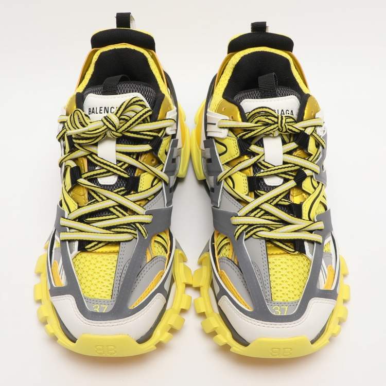 Pre Owned Balenciaga Yellow Mesh and Faux Leather Track Sneakers Size 37