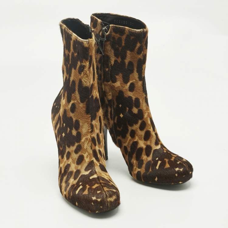 Pre Owned Balenciaga Brown Leopard Print Calf Hair Ankle Boots Size 37