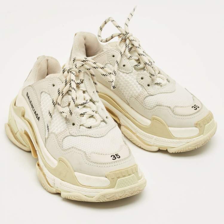Pre Owned Balenciaga White Leather and Mesh Triple S Sneakers Size 35