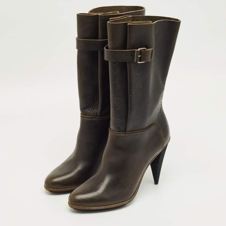 Pre Owned Balenciaga Dark Green Leather Buckle Details Mild Calf Length Boots Size 37.5