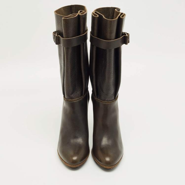 Pre Owned Balenciaga Dark Green Leather Buckle Details Mild Calf Length Boots Size 37.5