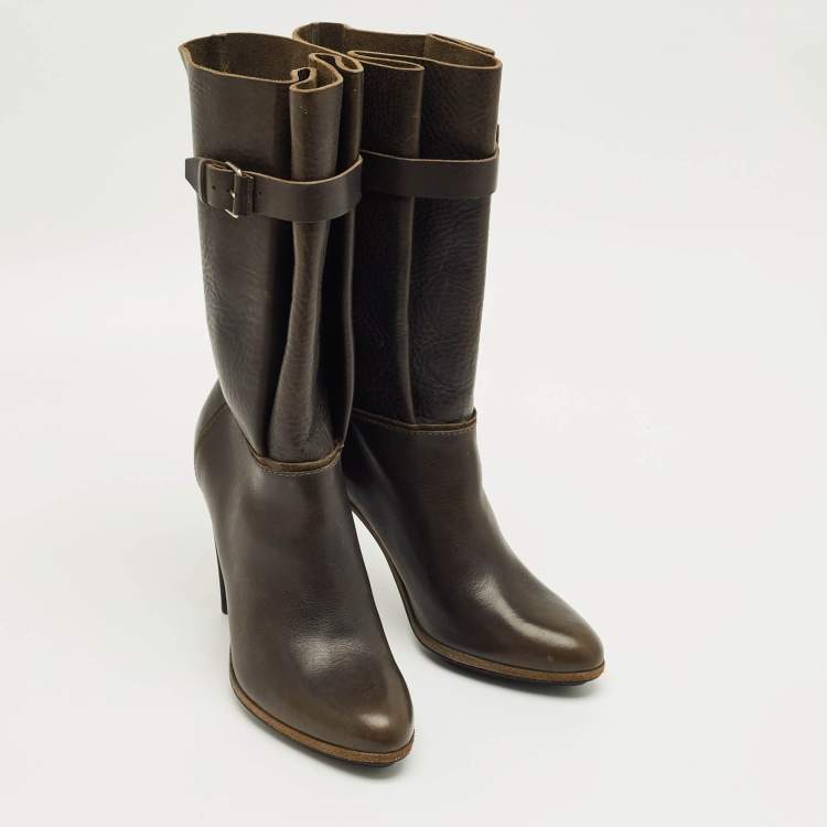 Pre Owned Balenciaga Dark Green Leather Buckle Details Mild Calf Length Boots Size 37.5