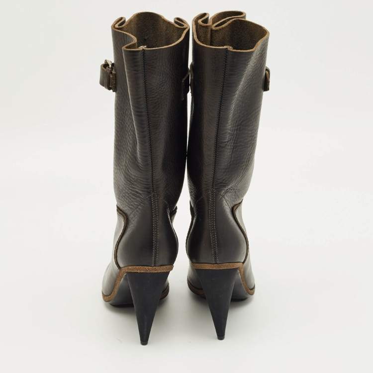 Pre Owned Balenciaga Dark Green Leather Buckle Details Mild Calf Length Boots Size 37.5