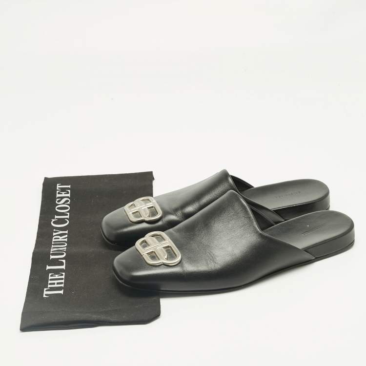Pre Owned Balenciaga Black Leather Cosy BB Flat Mules Size 41