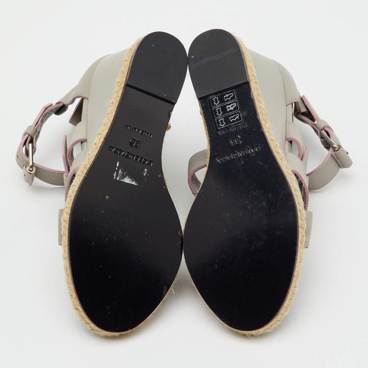 Pre Owned Balenciaga Grey Leather Ankle Strap Espadrille Wedge Sandals Size 35