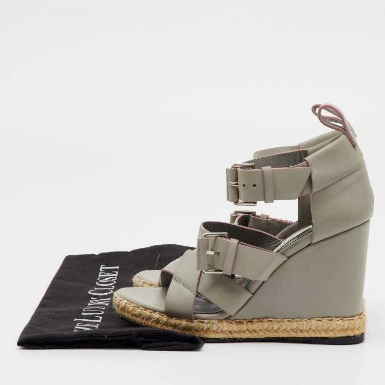 Pre Owned Balenciaga Grey Leather Ankle Strap Espadrille Wedge Sandals Size 35
