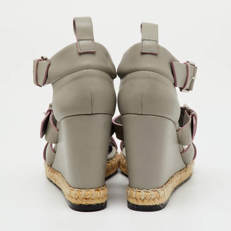 Pre Owned Balenciaga Grey Leather Ankle Strap Espadrille Wedge Sandals Size 35