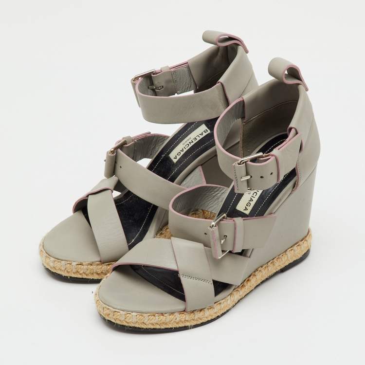 Pre Owned Balenciaga Grey Leather Ankle Strap Espadrille Wedge Sandals Size 35