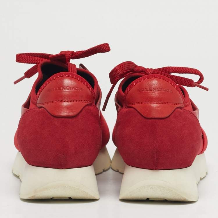 Pre Owned Balenciaga Red Leather and Mesh Race Runner Low Top Sneakers Size 38