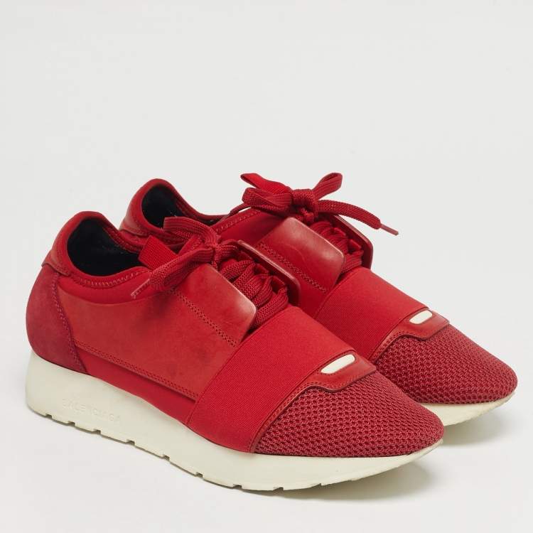 Pre Owned Balenciaga Red Leather and Mesh Race Runner Low Top Sneakers Size 38