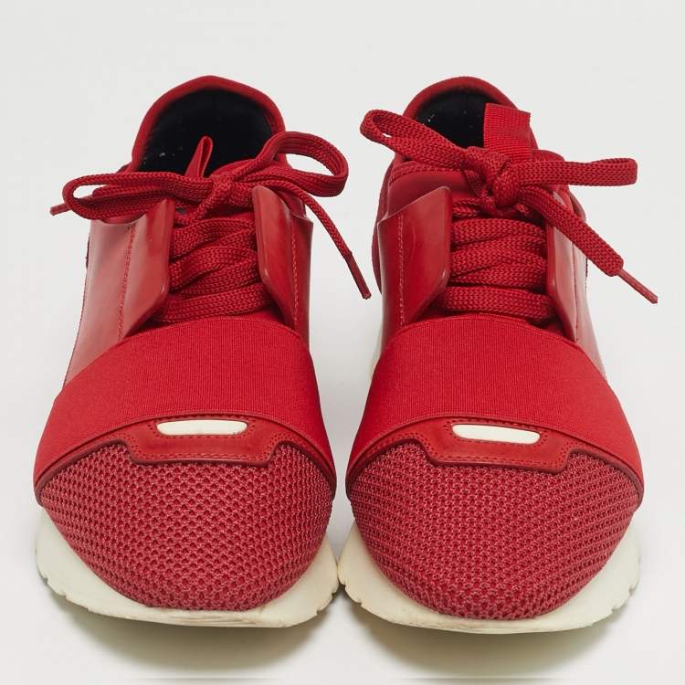 Pre Owned Balenciaga Red Leather and Mesh Race Runner Low Top Sneakers Size 38
