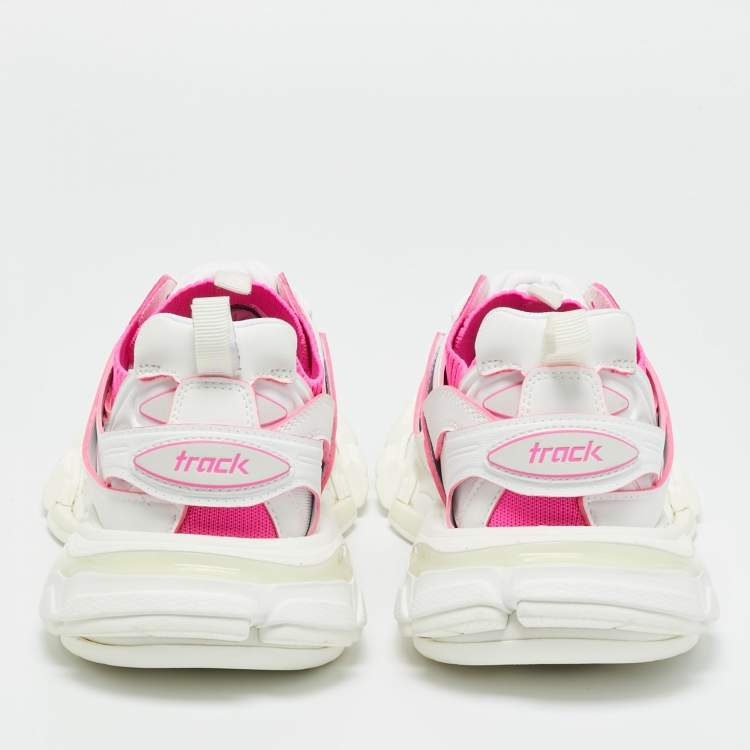 Pre Owned Balenciaga White/Pink Mesh and Faux Leather Track Sneakers Size 38