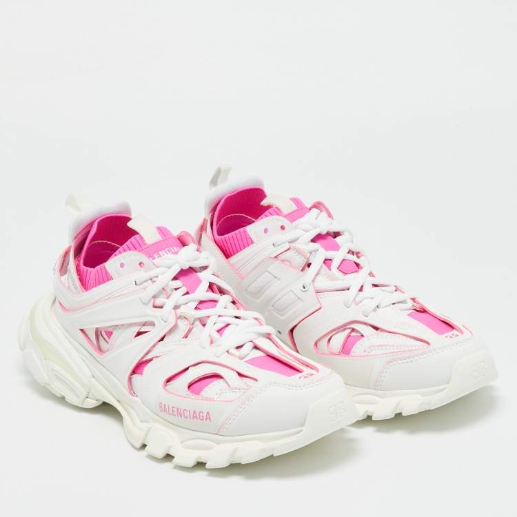 Pre Owned Balenciaga White/Pink Mesh and Faux Leather Track Sneakers Size 38