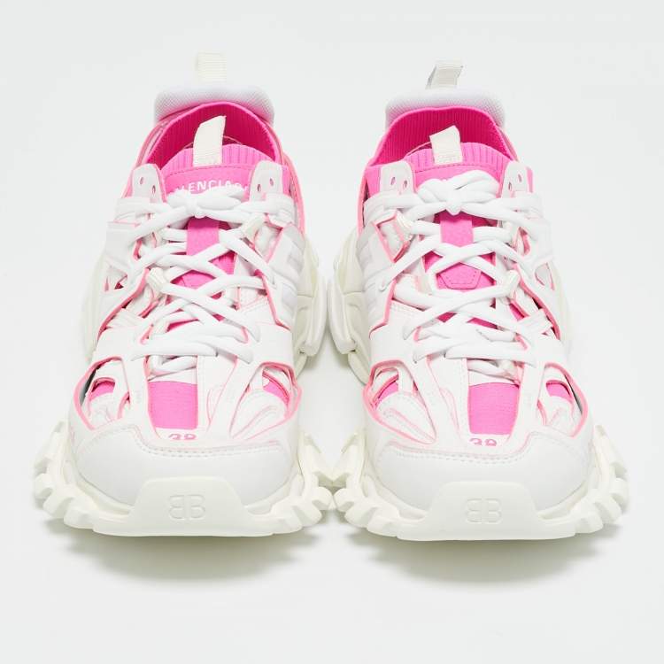 Pre Owned Balenciaga White/Pink Mesh and Faux Leather Track Sneakers Size 38