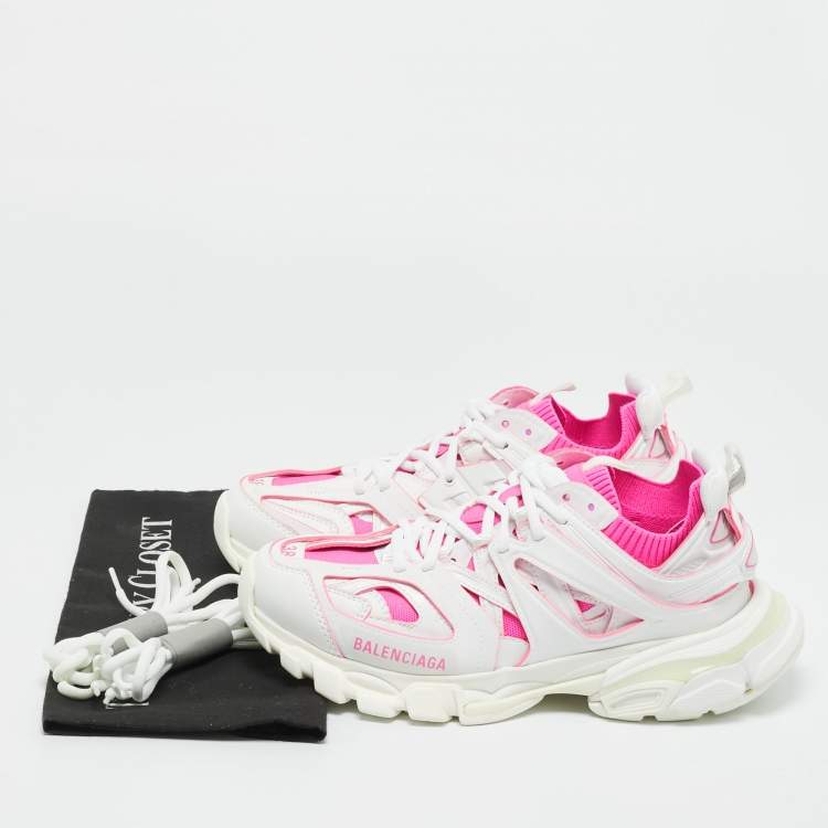 Pre Owned Balenciaga White/Pink Mesh and Faux Leather Track Sneakers Size 38