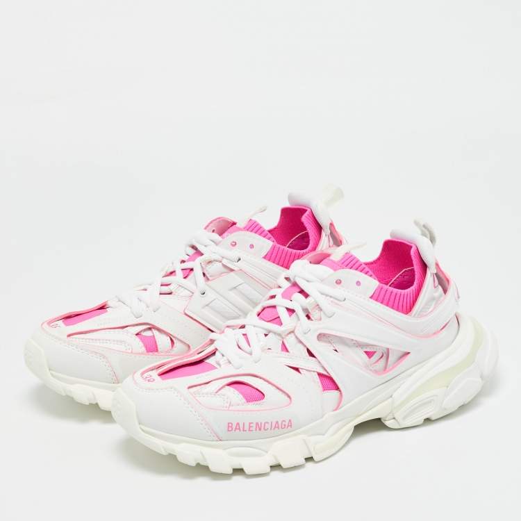 Pre Owned Balenciaga White/Pink Mesh and Faux Leather Track Sneakers Size 38