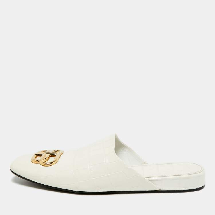 Pre Owned Balenciaga Cream Croc Embossed Leather Cosy BB Flat Mules Size 38