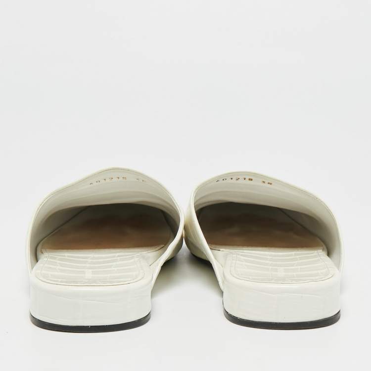 Pre Owned Balenciaga Cream Croc Embossed Leather Cosy BB Flat Mules Size 38