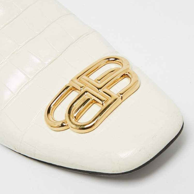 Pre Owned Balenciaga Cream Croc Embossed Leather Cosy BB Flat Mules Size 38