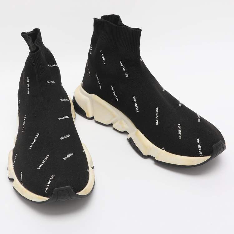 مملوكة مسبقًا Balenciaga Logo Print Speed Size 39 Black Knit Fabric High Top Sneakers