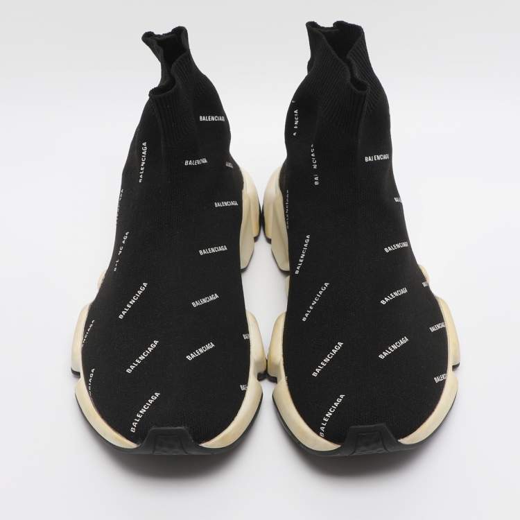 مملوكة مسبقًا Balenciaga Logo Print Speed Size 39 Black Knit Fabric High Top Sneakers