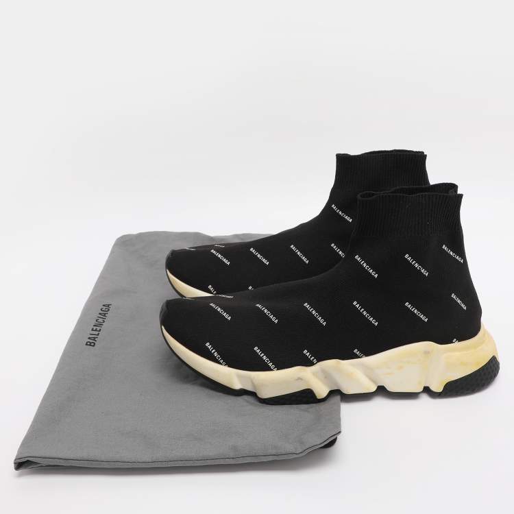 مملوكة مسبقًا Balenciaga Logo Print Speed Size 39 Black Knit Fabric High Top Sneakers