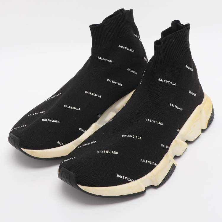 مملوكة مسبقًا Balenciaga Logo Print Speed Size 39 Black Knit Fabric High Top Sneakers