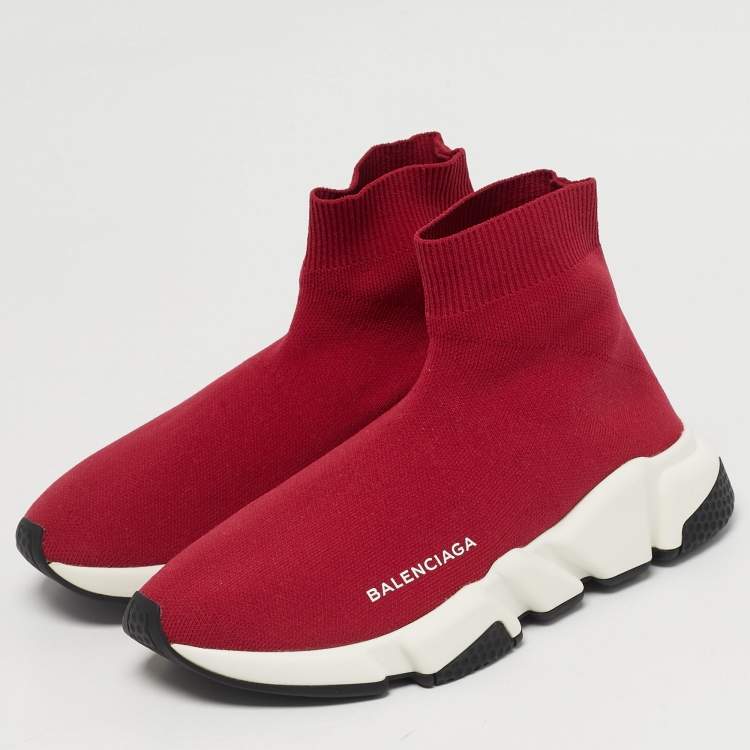 Pre Owned Balenciaga Speed Trainer Size 38 Red Knit Fabric High Top Sneakers