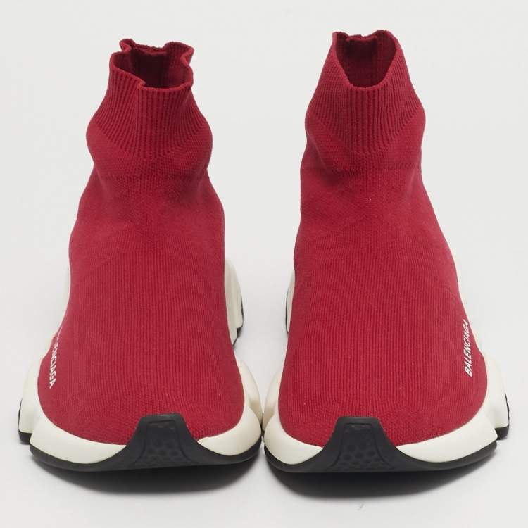 Pre Owned Balenciaga Speed Trainer Size 38 Red Knit Fabric High Top Sneakers