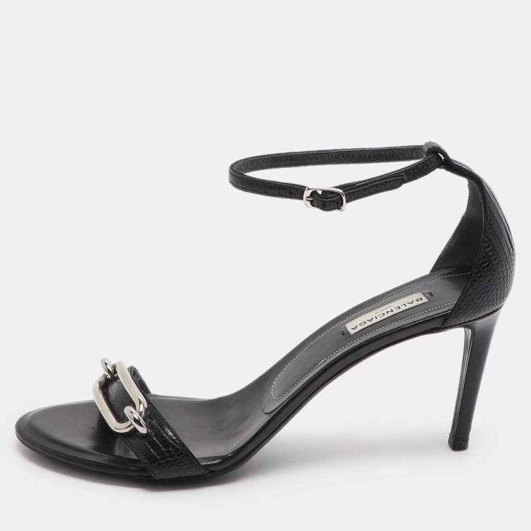 مملوكة مسبقًا Balenciaga Maillon Size 38.5 Black Lizard Leather Ankle Strap Sandals