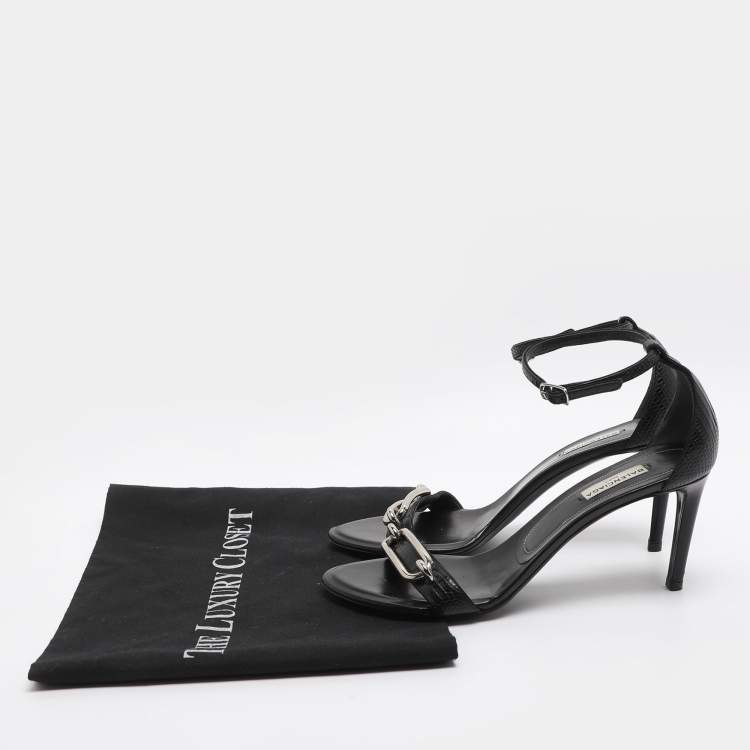 مملوكة مسبقًا Balenciaga Maillon Size 38.5 Black Lizard Leather Ankle Strap Sandals