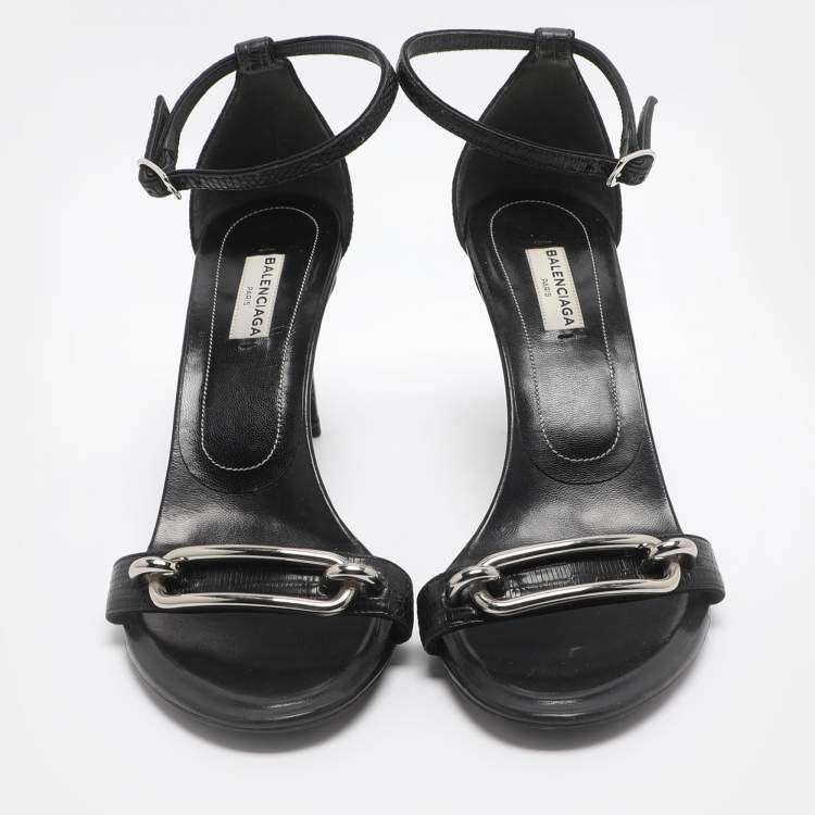 مملوكة مسبقًا Balenciaga Maillon Size 38.5 Black Lizard Leather Ankle Strap Sandals