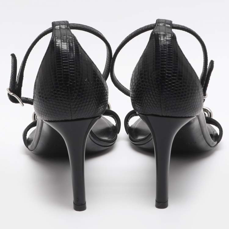 مملوكة مسبقًا Balenciaga Maillon Size 38.5 Black Lizard Leather Ankle Strap Sandals