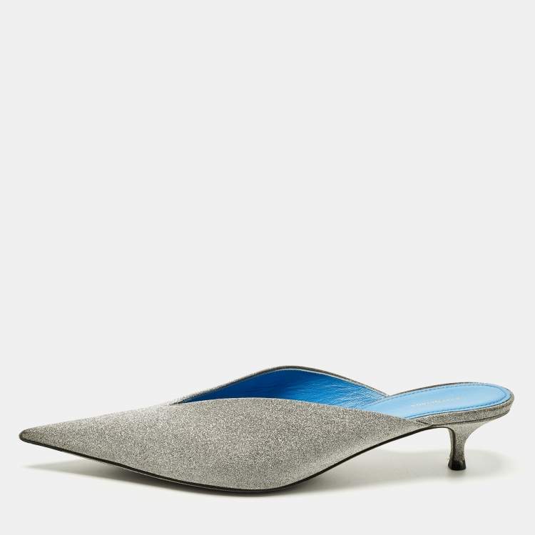 Pre Owned Balenciaga Silver Glitter Knife Pointed Toe Mules Size 39