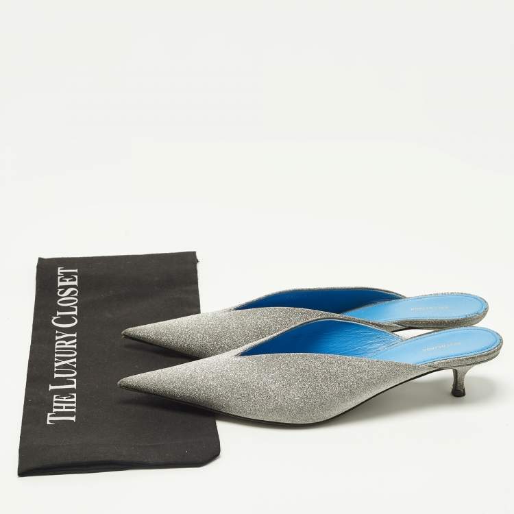 Pre Owned Balenciaga Silver Glitter Knife Pointed Toe Mules Size 39