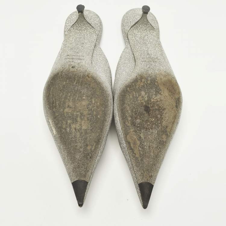 Pre Owned Balenciaga Silver Glitter Knife Pointed Toe Mules Size 39