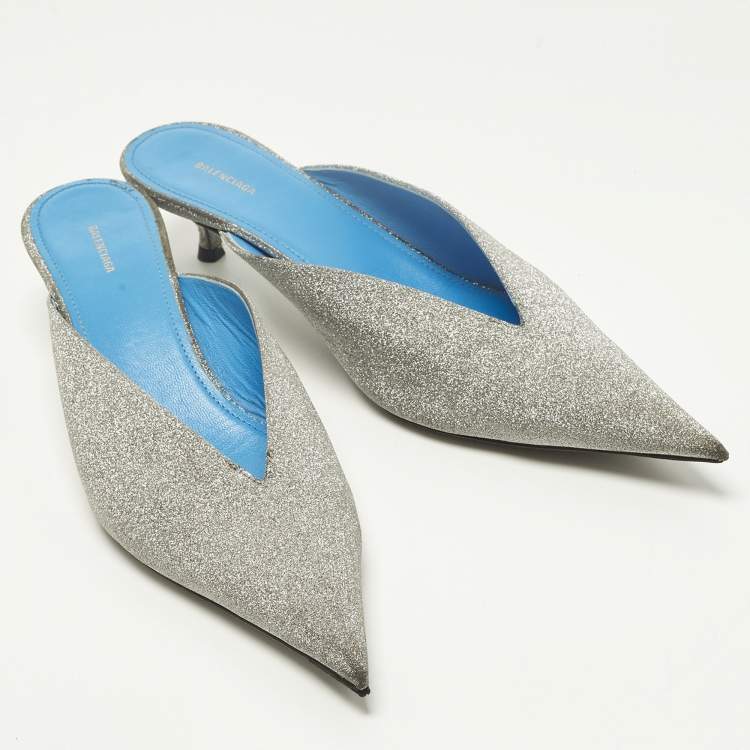 Pre Owned Balenciaga Silver Glitter Knife Pointed Toe Mules Size 39